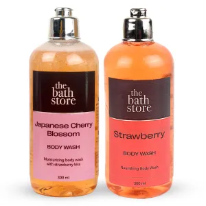 The Bath Store Body Wash Shower Gel Pack of 2 (Strawberry   Japanese Cherry Blossom) | Moisturizing Body Wash For Dry Skin & Oily Skin | Tan Removal Body Wash For Woen & men - (300 * 2) ml