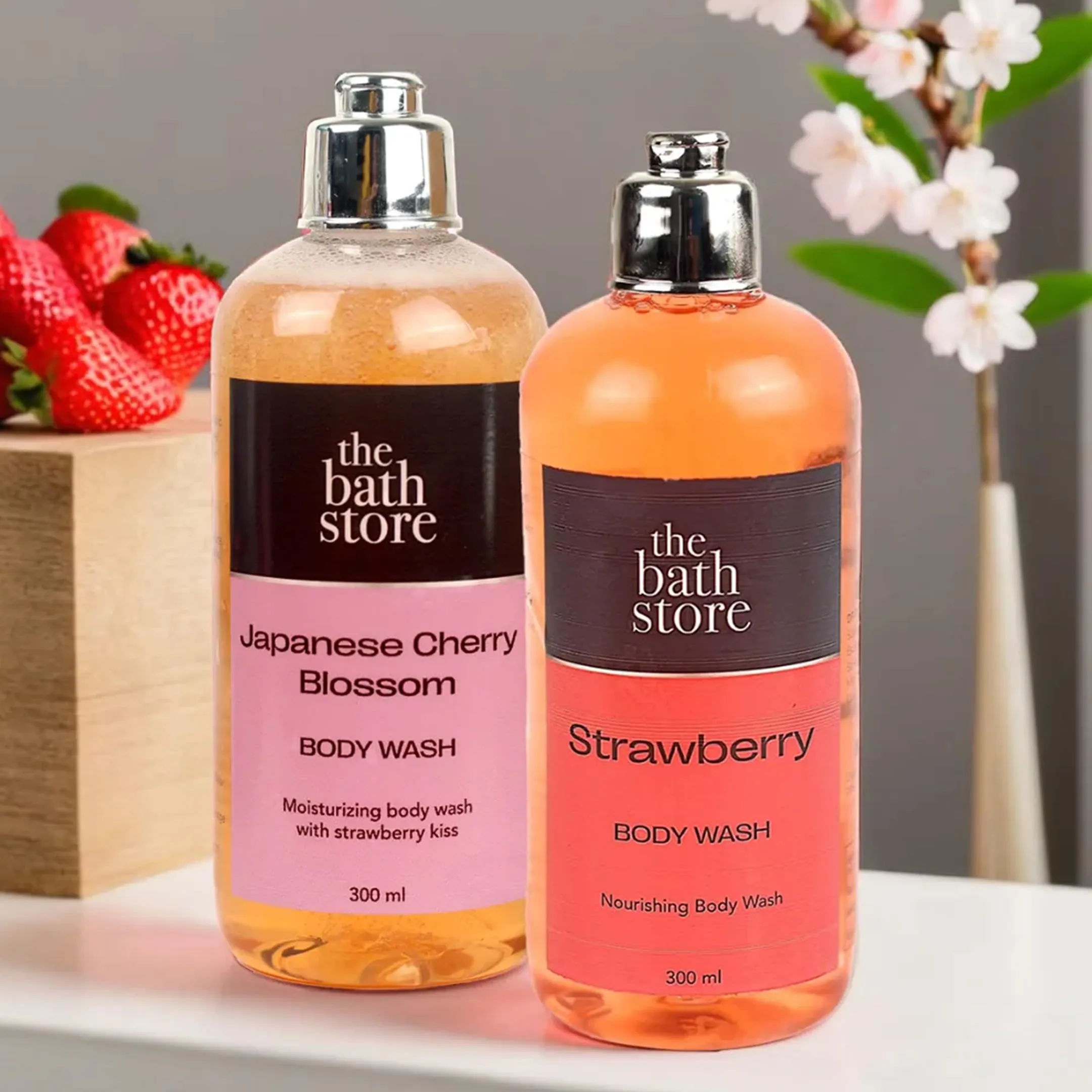 The Bath Store Body Wash Shower Gel Pack of 2 (Strawberry   Japanese Cherry Blossom) | Moisturizing Body Wash For Dry Skin & Oily Skin | Tan Removal Body Wash For Woen & men - (300 * 2) ml